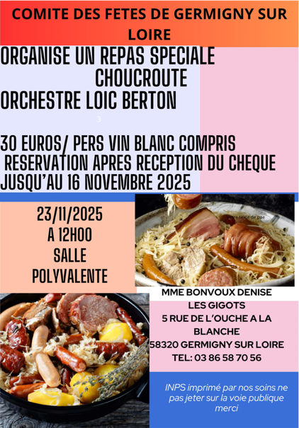 Affiche Comité des fêtes de Germigny-sur-Loire - Repas Choucroute animé par l'orchestre Loïc Berton le 23 novembre 2025 à 12h00 