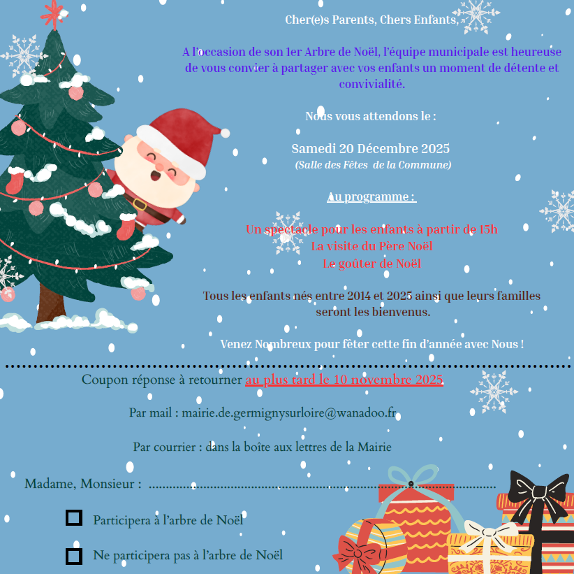 affiche l’équipe municipale est heureuse de vous convier à partager avec vos enfants un moment de détente et convivialité. Arbre de Noël (spectacle et goûter) 